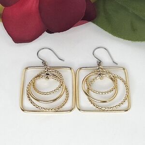 Gold Tone Square Frame & Inner Circle Rope Twist Dangle Earrings Geometric